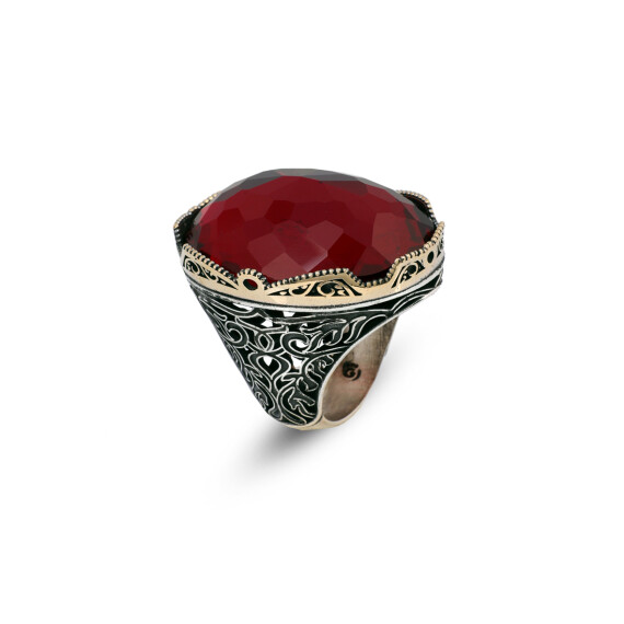  Garnet Ring with Large Oval Stone – Vintage 925 Sterling Silver Men’s Ring - 1