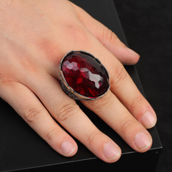  Garnet Ring with Large Oval Stone – Vintage 925 Sterling Silver Men’s Ring - 6