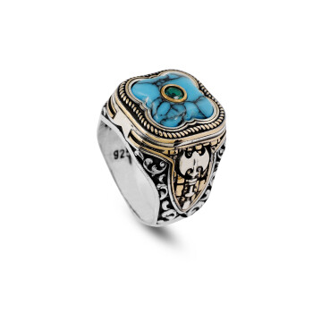  Genuine Turquoise Men's Ax Ring with Micro Emerald Stone - 1