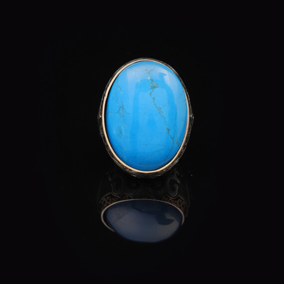  Genuine Turquoise Men's Ring - Large Oval Stone, Vintage 925 Sterling Silver - 4