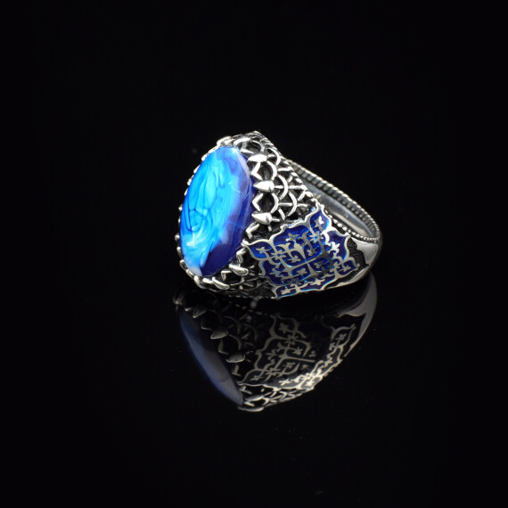  Genuine Turquoise Men's Ring - Vintage Oval Stone Gemstone Ring in 925 Sterling Silver - 5