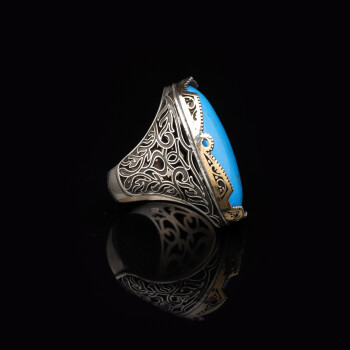  Genuine Turquoise Men’s Ring with Large Oval Stone - 4