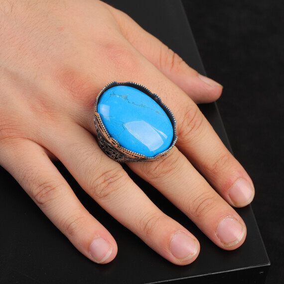  Genuine Turquoise Men’s Ring with Large Oval Stone - 6