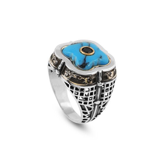  Genuine Turquoise Men's Ring with Micro Onyx Accent - 1