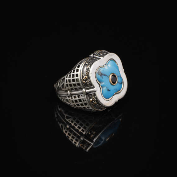  Genuine Turquoise Men's Ring with Micro Onyx Accent - 4