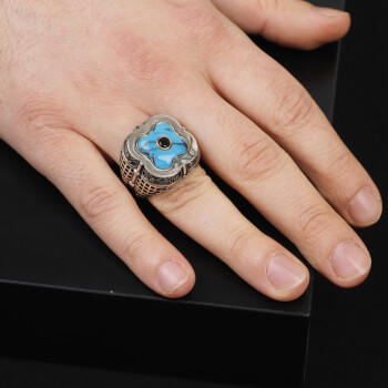  Genuine Turquoise Men's Ring with Micro Onyx Accent - 6