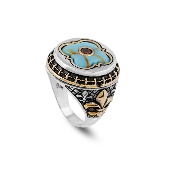  Genuine Turquoise Mens Ring with Micro Ruby Stone - 1