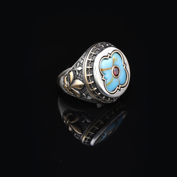  Genuine Turquoise Mens Ring with Micro Ruby Stone - 5