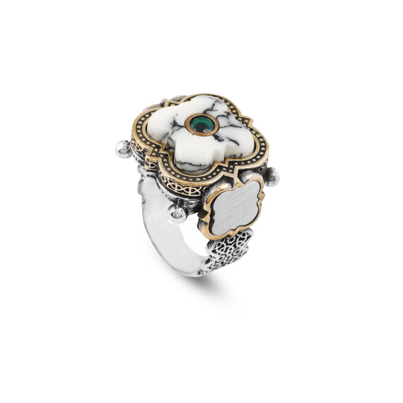  Genuine White Turquoise & Emerald Men's Ring - 1