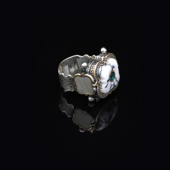  Genuine White Turquoise & Emerald Men's Ring - 2