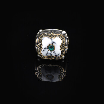  Genuine White Turquoise & Emerald Men's Ring - 5