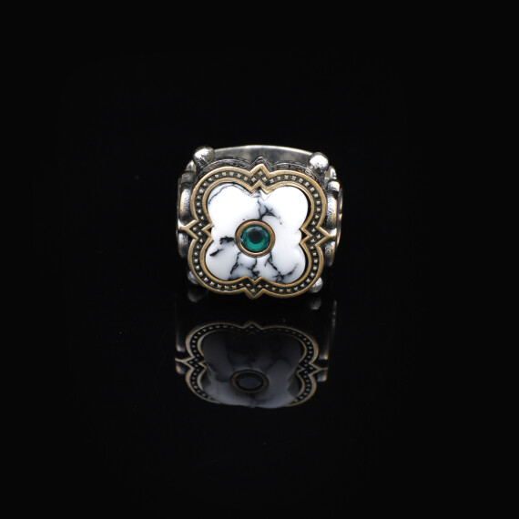  Genuine White Turquoise & Emerald Men's Ring - 5