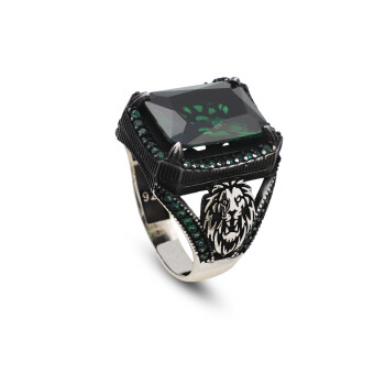  Handmade 925 Sterling Silver Lion Ring for Men - Emerald Gemstone - 1