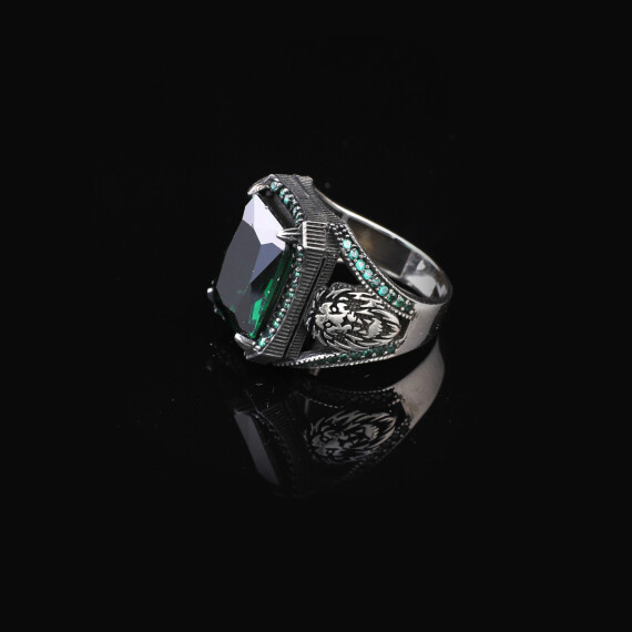  Handmade 925 Sterling Silver Lion Ring for Men - Emerald Gemstone - 4