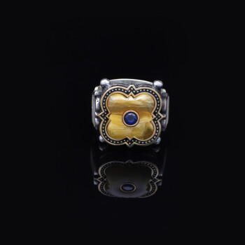  Handmade 925 Sterling Silver Men's Ring with Squeeze Amber & Blue Sapphire - 2