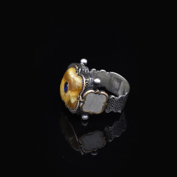  Handmade 925 Sterling Silver Men's Ring with Squeeze Amber & Blue Sapphire - 4