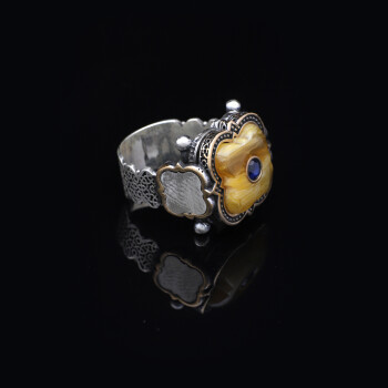  Handmade 925 Sterling Silver Men's Ring with Squeeze Amber & Blue Sapphire - 5