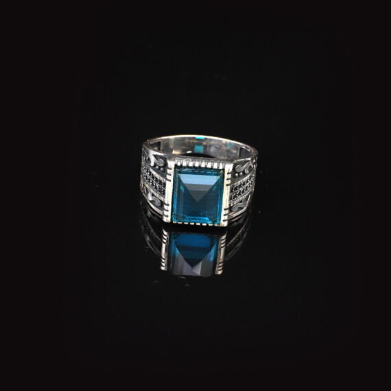  Handmade Aquamarine Gemstone Square Stone Ring for Men - 3