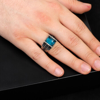  Handmade Aquamarine Gemstone Square Stone Ring for Men - 6