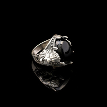  Handmade Black Onyx Lion Signet Ring - Vintage 925 Sterling Silver Mens Ring - 4