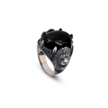  Handmade Black Onyx Lion Signet Ring - Vintage 925 Sterling Silver Mens Ring - 1