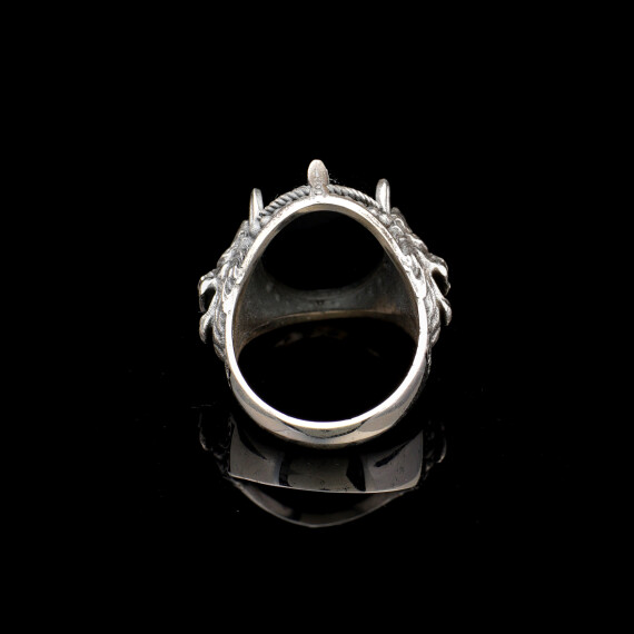  Handmade Black Onyx Lion Signet Ring - Vintage 925 Sterling Silver Mens Ring - 5