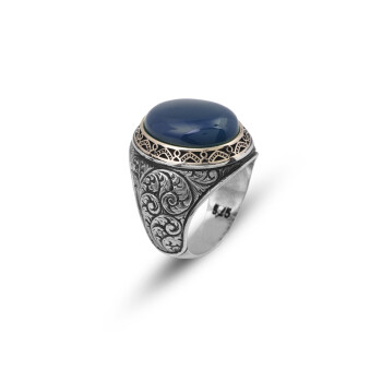  Handmade Blue Tiger Eye Men's Ring - 925 Sterling Silver - 1