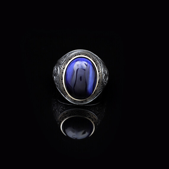  Handmade Blue Tiger Eye Men's Ring - 925 Sterling Silver - 3