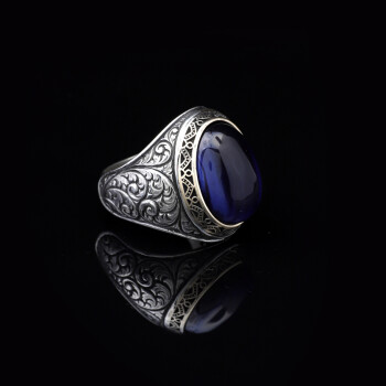  Handmade Blue Tiger Eye Men's Ring - 925 Sterling Silver - 5