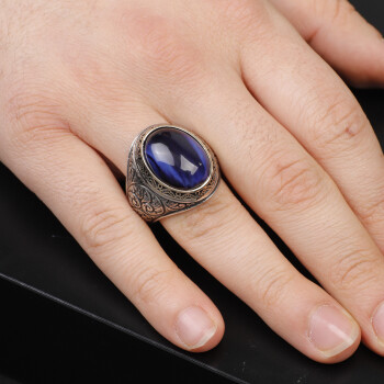  Handmade Blue Tiger Eye Men's Ring - 925 Sterling Silver - 6