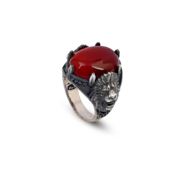  Handmade Carnelian Lion Ring - 925 Sterling Silver Oval Stone Signet Ring for Men - 1