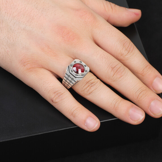  Handmade Garnet Gemstone Round Stone Watch Band Model Ring - 6