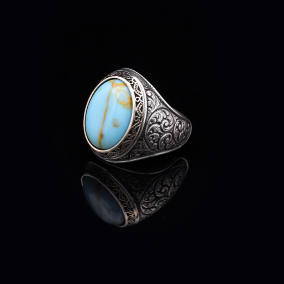  Handmade Genuine Men's Turquoise Ring - 925 Sterling Silver - 5