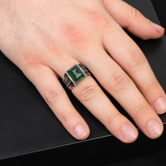  Handmade Jade Gemstone Square Stone Pinky Ring - 6