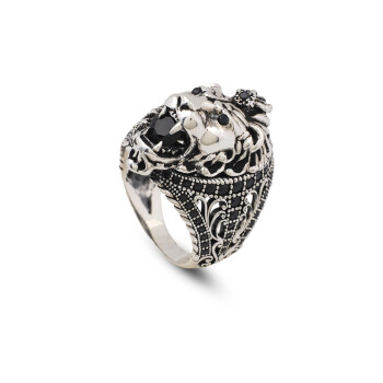  Handmade Lion Ring with Black Onyx Micro Stone - 925 Sterling Silver - 1