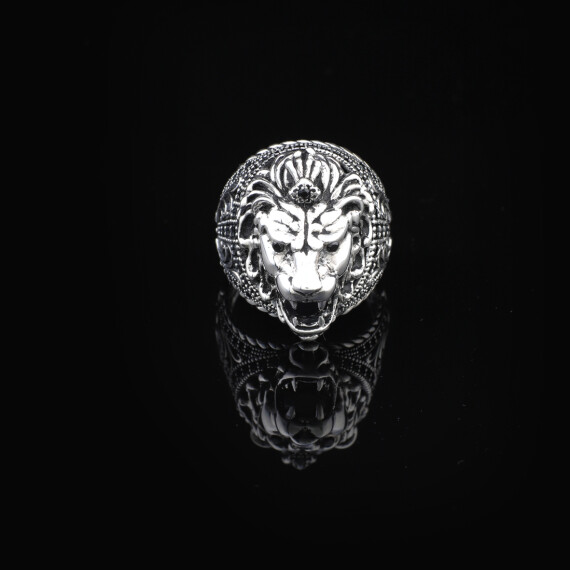  Handmade Lion Ring with Black Onyx Micro Stone - 925 Sterling Silver - 5