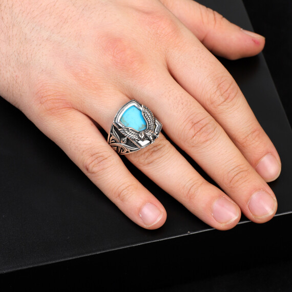  Handmade Turquoise Gemstone Eagle Ring for Men - 6