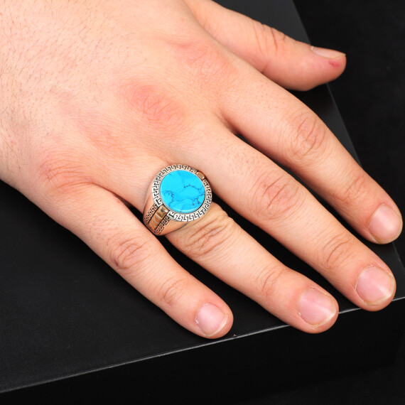 Handmade Turquoise Gemstone Round Stone Engagement Ring - 6