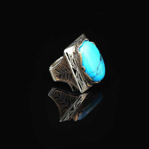  Handmade Turquoise Large Ring with Oval Stone - Vintage Ottoman Men's Ring - 3