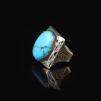  Handmade Turquoise Large Ring with Oval Stone - Vintage Ottoman Men's Ring - 4