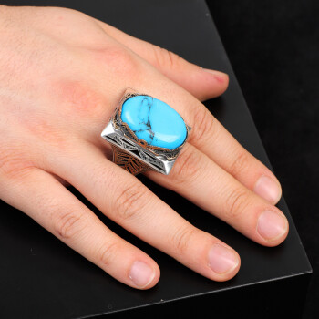  Handmade Turquoise Large Ring with Oval Stone - Vintage Ottoman Men's Ring - 6