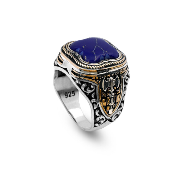  Handmade Vintage Lapis Lazuli Ax Ring - 925 Sterling Silver Men's Gemstone Ring - 1