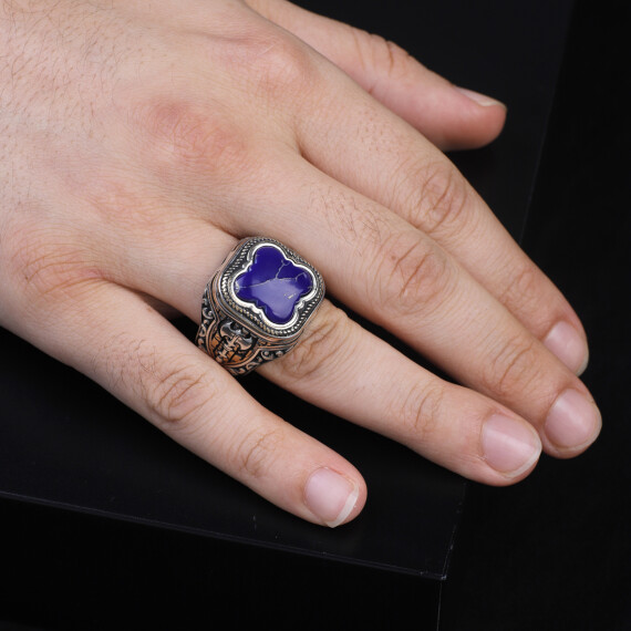  Handmade Vintage Lapis Lazuli Ax Ring - 925 Sterling Silver Men's Gemstone Ring - 6