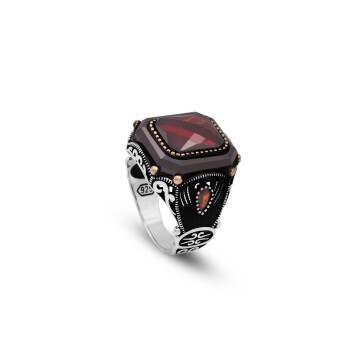  Handmade Vintage Men's Garnet Ring - 925 Sterling Silver Turkish Gemstone Ring - 1