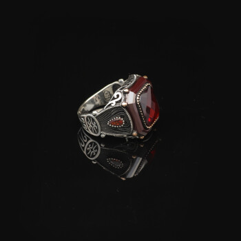  Handmade Vintage Men's Garnet Ring - 925 Sterling Silver Turkish Gemstone Ring - 5