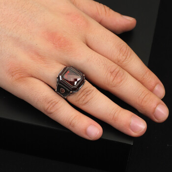  Handmade Vintage Men's Garnet Ring - 925 Sterling Silver Turkish Gemstone Ring - 6