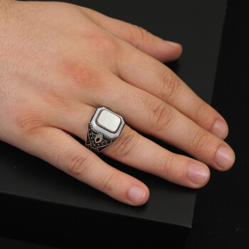  Handmade Vintage Men's Mother of Pearl Gemstone Ring - 6