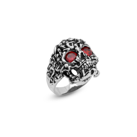  Handmade Vintage Skull Ring with Garnet Stone - Polished 925 Sterling Silver Men's Ring - 1