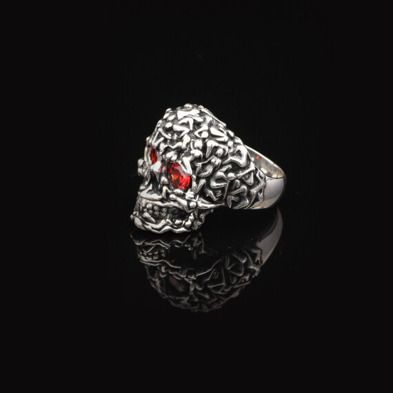  Handmade Vintage Skull Ring with Garnet Stone - Polished 925 Sterling Silver Men's Ring - 5