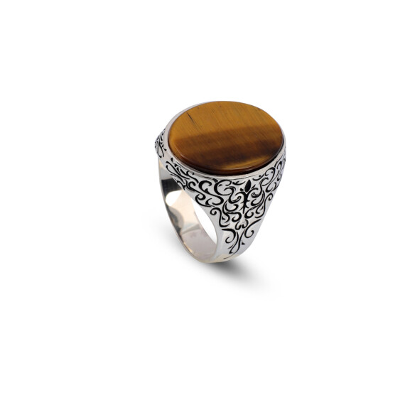  Handmade Vintage Tiger Eye Ring for Men - Oval Gemstone in Polished 925 Sterling Silver - 1